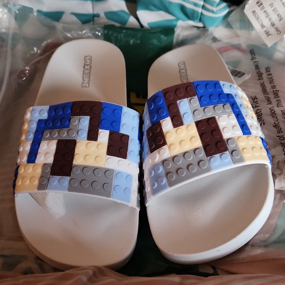 Blue and Brown Pixelated Slide Sandals